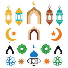 Obraz premium Colorful set of Islamic symbols with lanterns and crescent moons