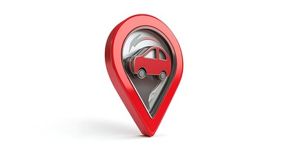 Red 3d location pin icon with a car inside on a white background for navigation and tracking purposes