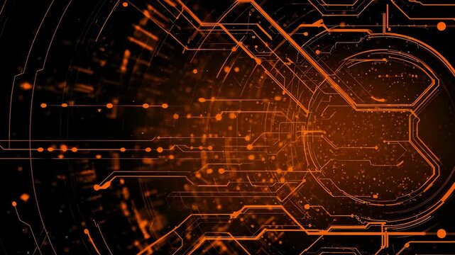 Futuristic digital circuit board background with glowing orange lines and abstract technology elements. High tech innovation concept for modern computing and artificial intelligence visuals