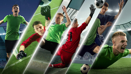 Composition of two football players with dramatic stadium action. Concept of match pressure, defensive tactics and peak performance during high stakes competition