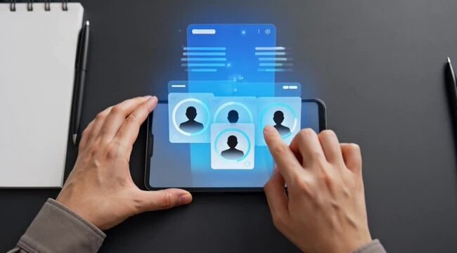 Hands Interacting with Virtual Profiles on Tablet.