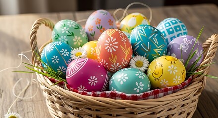 Vibrant easter eggs in a woven basket on easter day morning