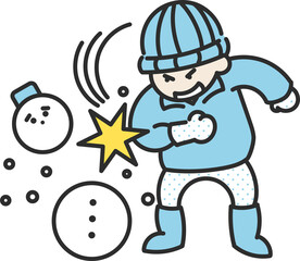 雪だるまを壊す暴力的な小学生男児のイラスト