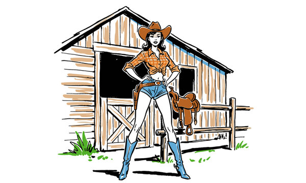 Strong cowgirl pinup illustration. Western fashion woman standing by the rustic barn. Retro comic pop art style drawing.