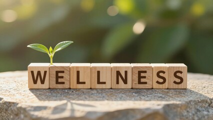 Wooden blocks spell 'WELLNESS' on a stone surface with a sprouting green seedling, symbolizing growth and health. Soft focus background.
