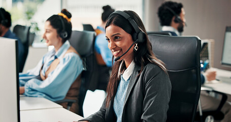 Virtual assistant, headset or happy woman in call center with computer, customer care or contact....