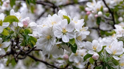 close-up of white flowers with yellow centers on branches