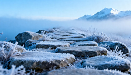 Ethereal Winter Blues: Frosted Path with Stones and Misty Horizon