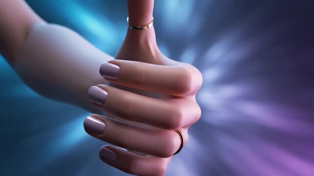 Hand shows thumbs up sign in colorful background with blue and purple lights