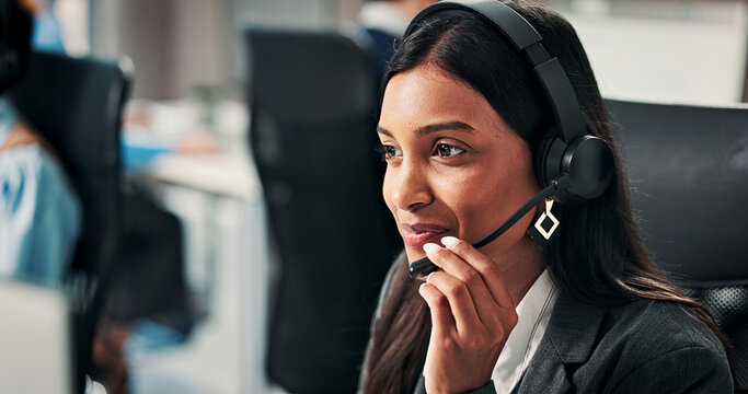 Computer, business and woman in call center for help desk, banking support or coworking. Smile, hotline and consultant with technology for customer service, account feedback and financial loan