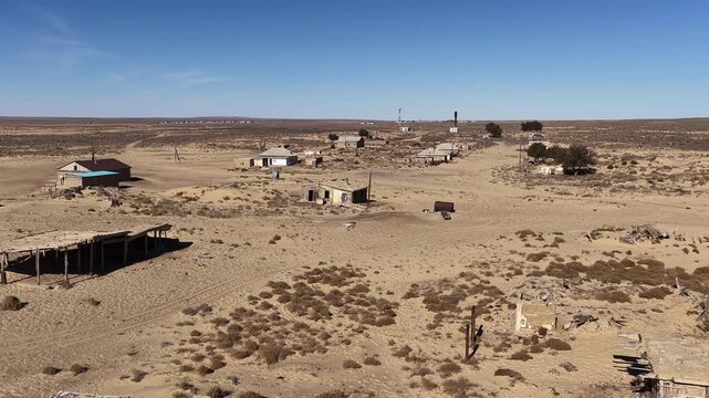 Aerial view of an abandoned ghost Aral town in the desert, Kazakhstan