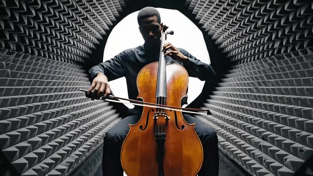 Professional African American cellist playing a cello in a futuristic hexagonal soundproof chamber with dramatic backlighting
