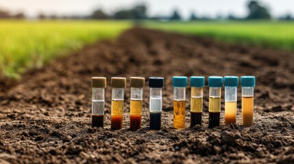 vials with liquids in field for agricultural research