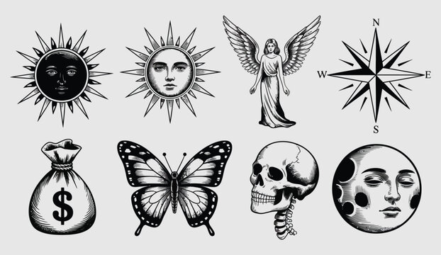 antique celestial mystical illustration collection, sun and moon phases constellations zodiac signs and esoteric symbols isolated on transparent background.