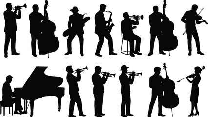 Jazz band musicians silhouette collection, trumpet saxophone double bass piano violin players, isolated black flat vector illustration set © Shahed