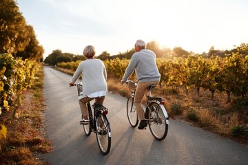 Fototapeta premium Back view of an elderly man and woman cycling through a scenic grape plantation under golden hour light to illustrate vitality partnership and wellness in later life