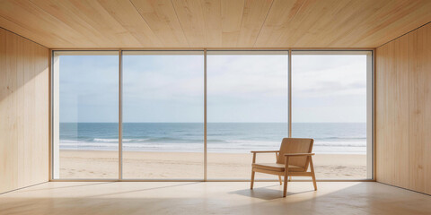Minimalist Wooden Beachside Room with Chair and Ocean View
