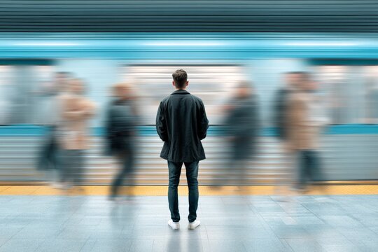 Man standing still on a subway platform with a fast moving train in the background for urban loneliness and speed of life concept