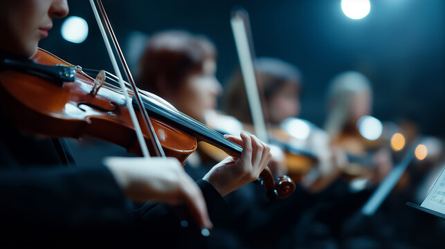 Orchestra violinists performing classical music concert with focus on violin section.