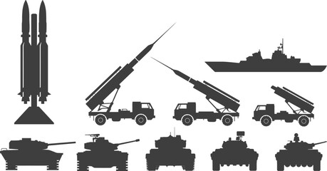 Military missile launchers tanks and warship silhouettes collection, army defense vehicles set, flat vector illustration © Shahed
