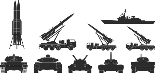 Military vehicles and missile systems silhouette set, tanks rocket launchers warship transporters, flat vector illustration collection © Shahed