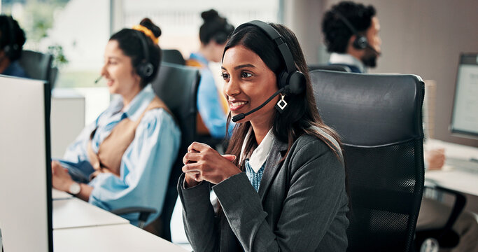 Call center, computer and woman in office, internet or communication with system solution. Employees, help desk and people with pc, coworking or contact us with conversation, crm and customer service