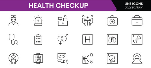 Health checkup icons depicting medical examination, stethoscope, heartbeat, diagnostics, hospital, doctor consultation, tests, reports, wellness, prevention, monitoring, clinic, healthcare, appointmen
