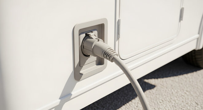 Electrical power cord plugged into a white recreational vehicle for mobile energy concept and modern travel convenience