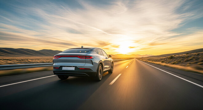 Sleek electric car driving on a highway towards the sunset, showcasing sustainable transportation