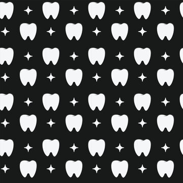 White tooth seamless pattern on black background for dental clinic uniform. Health concept