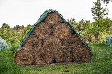 Heuballen gestapelt unter einer Plane