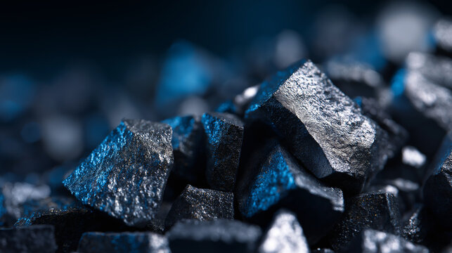 Shiny black coal mineral stones in closeup highlighting natural energy resource and mining industry concept.
