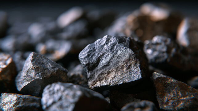 Shiny black coal mineral stones in closeup highlighting natural energy resource and mining industry concept.