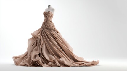 light brown strapless gown on mannequin with flowing skirt