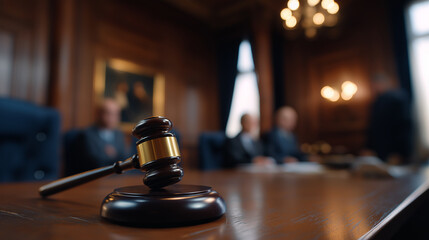 Judge gavel on wooden desk in courtroom with lawyers in background symbolizing justice and legal system.