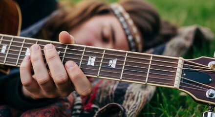 Obraz premium Woman Playing Guitar in the Grass.