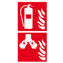 Red and white fire extinguisher and fire hydrant pipes signs on a white background