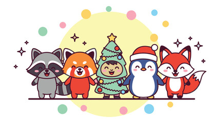 Fototapeta premium Cute animals celebrating Christmas with festive hats and decorations