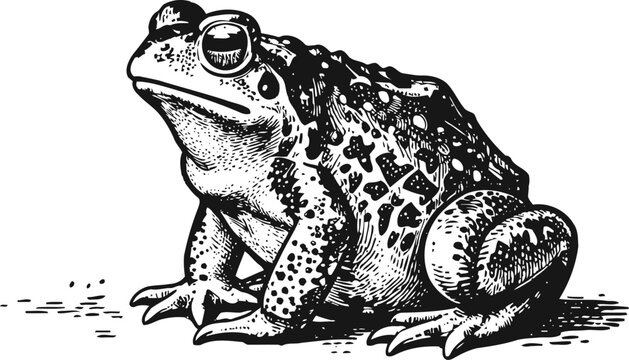 Detailed black and white illustration of a sitting toad with textured skin and big eyes in vintage engraving