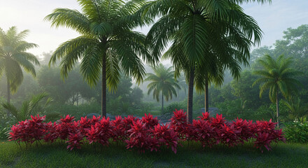 Fototapeta premium Lush tropical scene with palm tree and red plant. It evokes vacation and natural beauty, ideal for promotional material or a scenic background