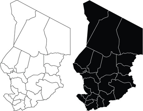Chad map with internal divisions outline and silhouette on white background