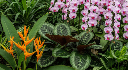 Obraz premium Close-up of orchid blossom, orange heliconia, and calathea foliage, representing beauty and nature, ideal for botanical or tropical themes