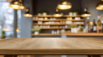 Empty wooden tabletop with blurred cozy cafe interior background ideal for product display mockup.