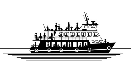 Obraz premium Passenger ferry ship silhouette with people and luggage on deck.