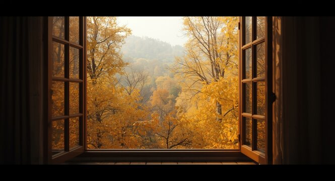 View of a golden forest in fall season through an open window