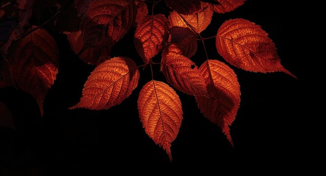 Vibrant autumn leaves of Pellitory with complex patterns on black shaded background