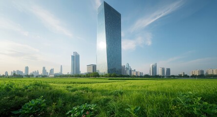 Fototapeta premium Reflective glass skyscraper surrounded by thriving outdoor greenery