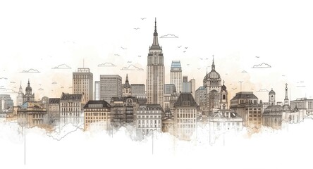Obraz premium Creative hand drawn cityscape art featuring prominent architectural landmarks