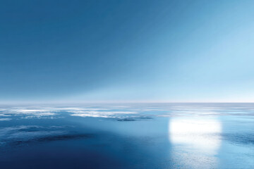 Fototapeta premium This image depicts an expansive blue ocean illuminated by soft light, creating a dreamlike atmosphere that evokes a sense of peace and contemplation of the vastness.