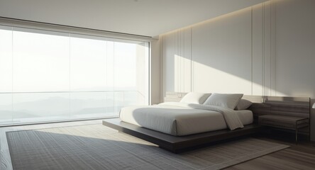 minimalist bedroom featuring king sized bed and panoramic window light